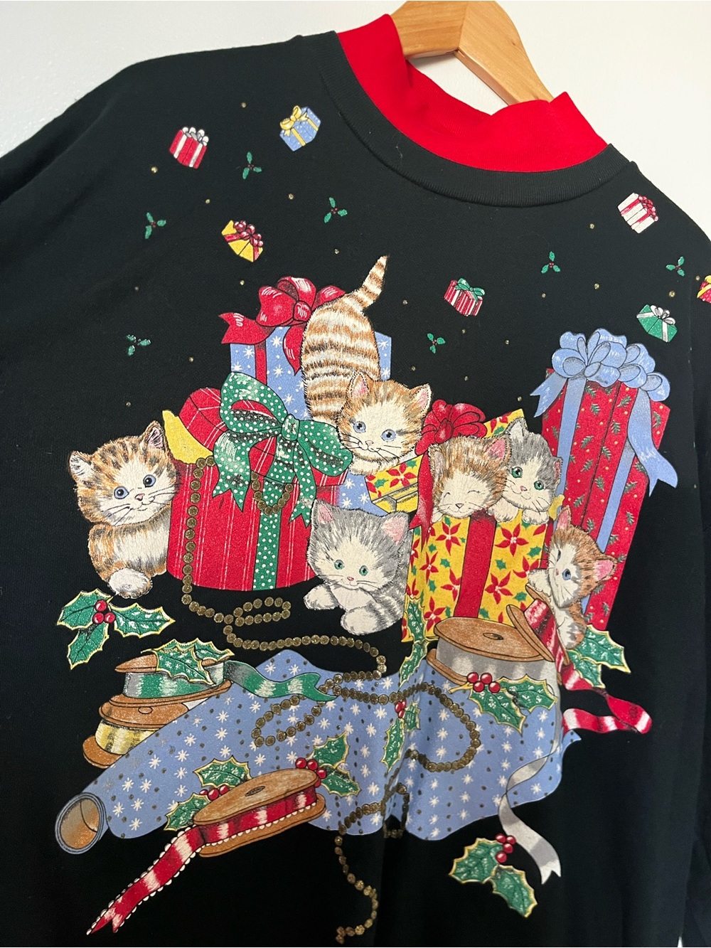 Vintage 90’s Black Sweatshirt with Red Mock Neck and Multicolor Kitten Print